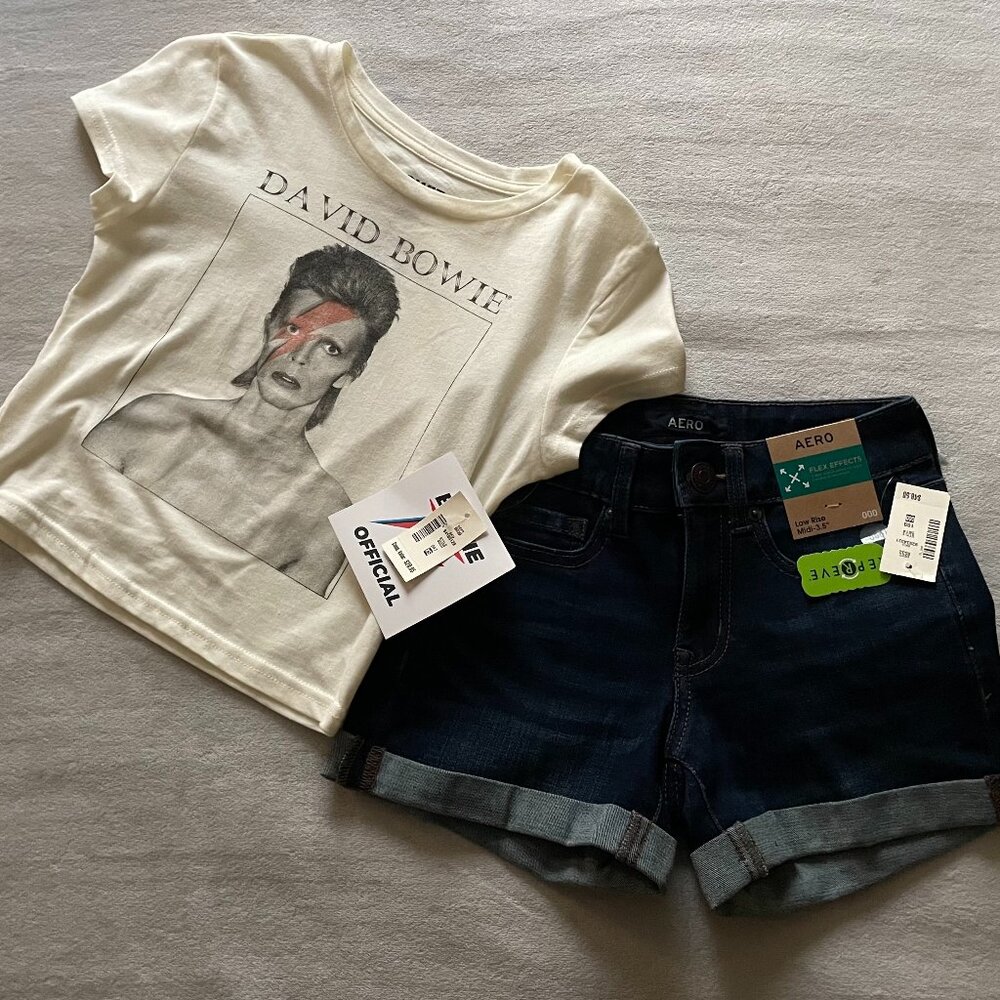 Aeropostale, 000, Dark Wash, Midi Low Rise Shorts & FREE Cropped David Bowie Tee